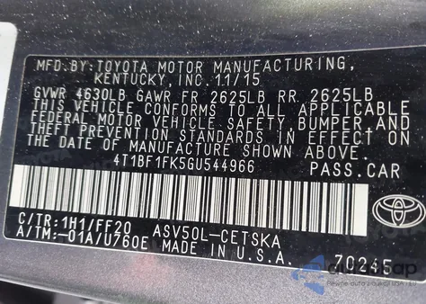 2016 Toyota Camry Se z USA, uszkodzony, nr VIN 4T1BF1FK5GU544966